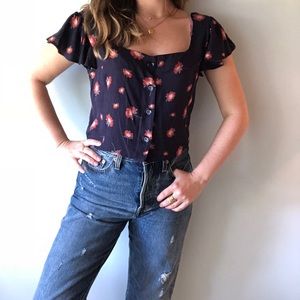 Urban Romantics Navy Blue Ruffle Sleeve Floral Top